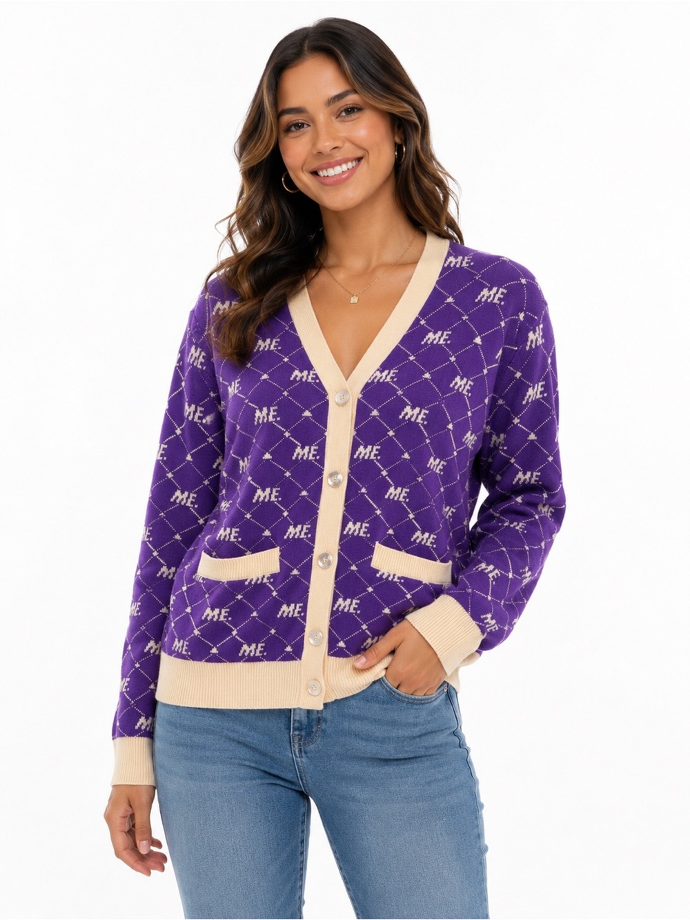 ME by Melody Ehsani Women Purple Cardigan with Cream Trim Size S